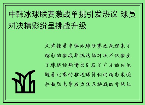中韩冰球联赛激战单挑引发热议 球员对决精彩纷呈挑战升级