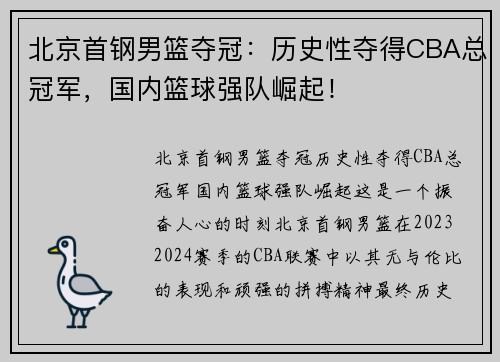 北京首钢男篮夺冠：历史性夺得CBA总冠军，国内篮球强队崛起！